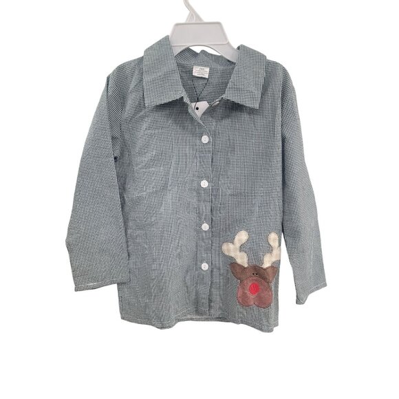Kids Green Gingham Button-Up Shirt W/Reindeer Applique Long Sleeve Size 6/7 - Picture 1 of 4